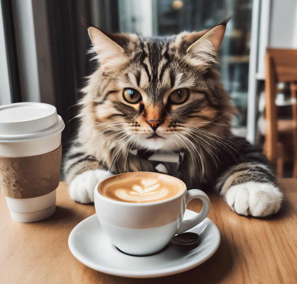 Cat sipping coffee